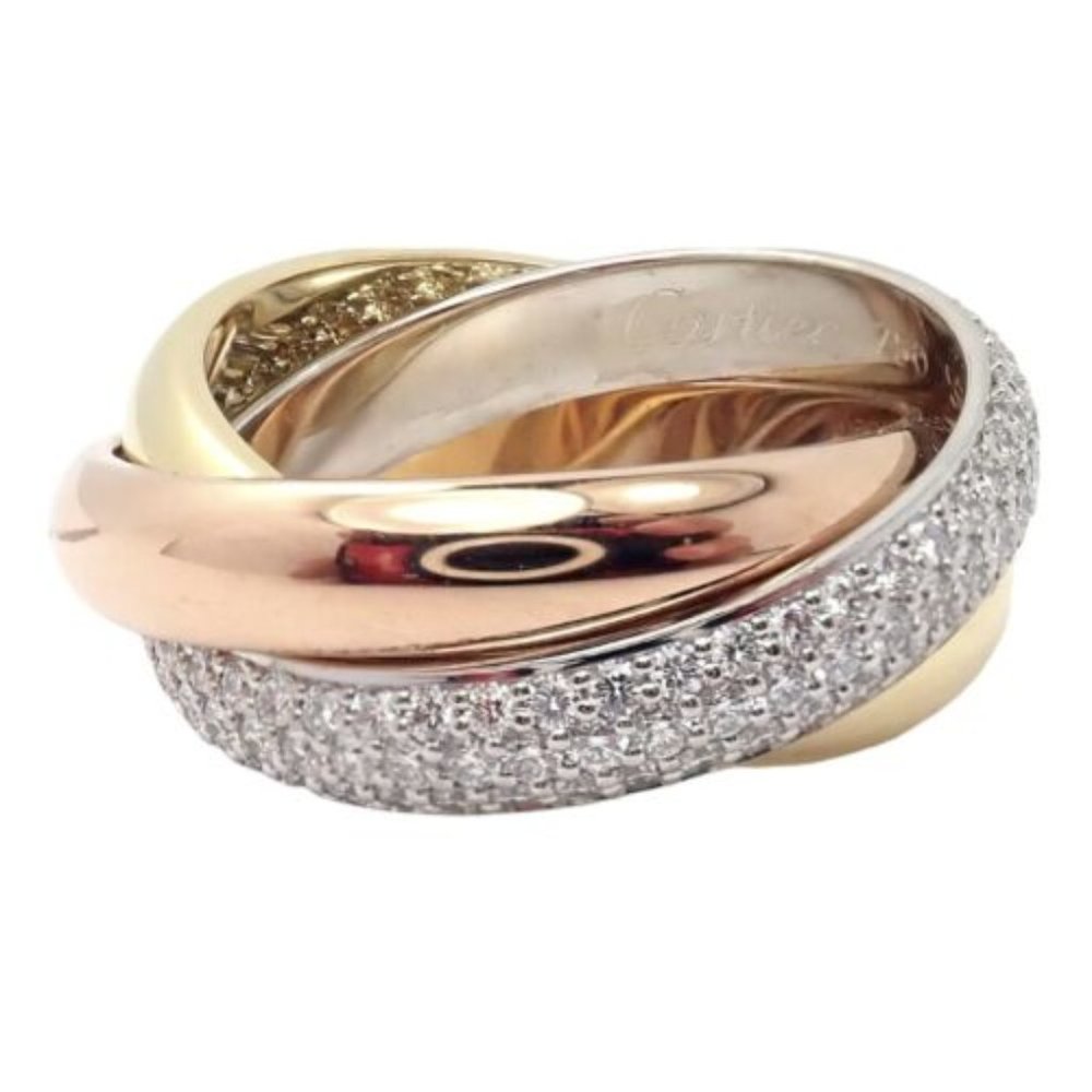 Authentic! Cartier Trinity Classic Diamond 18k White Yellow Rose Gold Band Ring